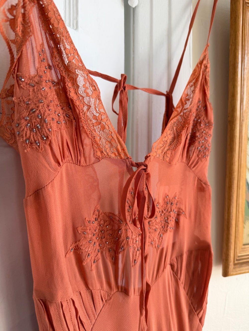 Zara Lace Trim Satin Midi Slip Dress Open Back Rust Boho NWT M - Picture 4 of 10